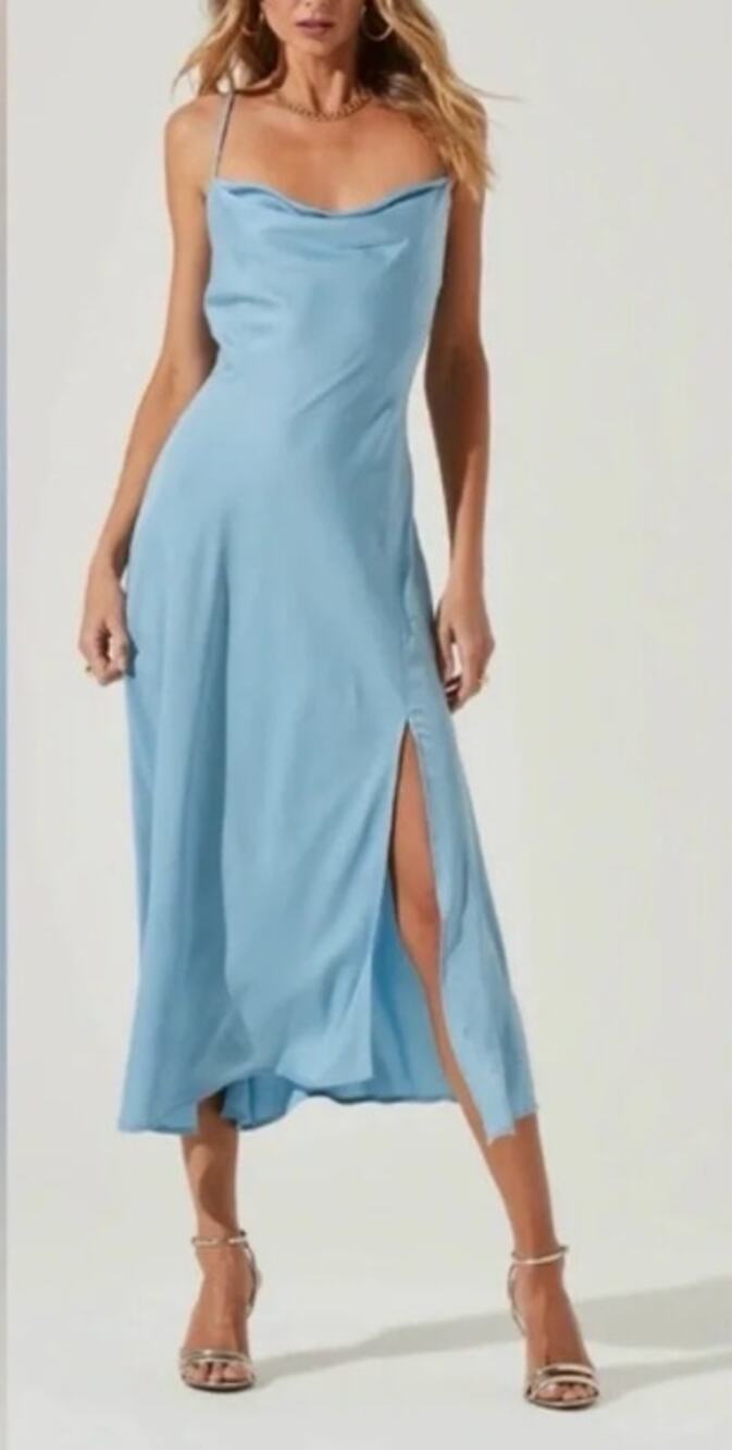ASTR Midi Satin Gaia Slip Dress in Sky Blue Small